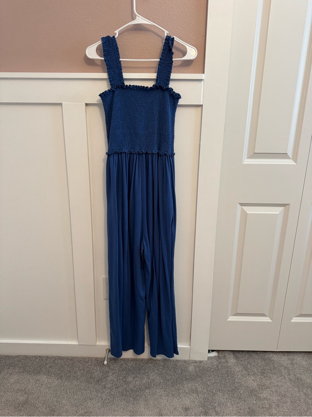 Blue Smocked Wide Leg Jumpsuit Ruffle Strap Summer Romper